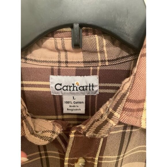 Carhartt Men's Plaid Long Sleeve Shirt L 100% Cotton Brown‎ & Beige WARM & COZY - Picture 2 of 13